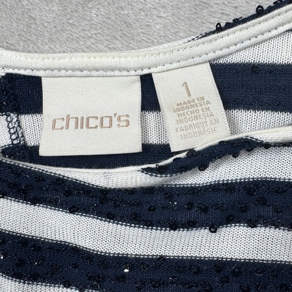 Chico’s Sequins Navy Blue White Striped Cold Shoulder Knit Blouse Size 1 (US M) - Picture 16 of 17